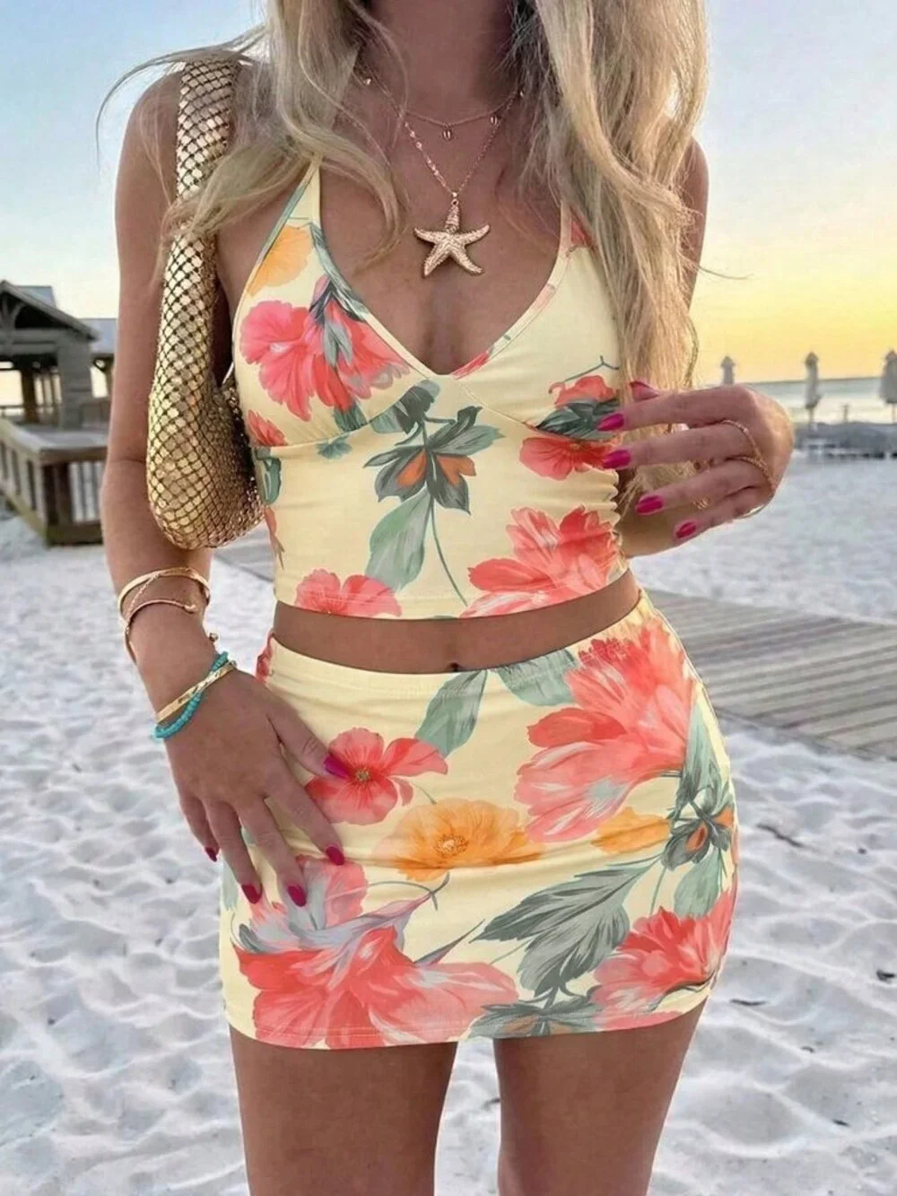 Multicolor Boho Women's Floral Spaghetti Strap Crop Top & Bodycon Mini Skirt Set